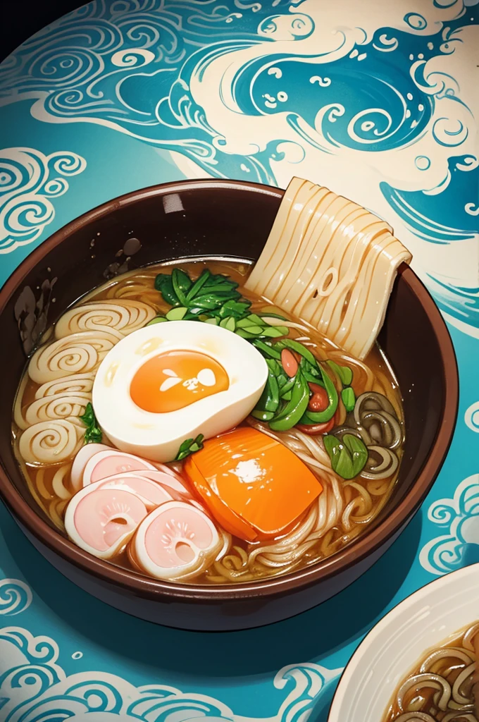 Create a detailed illustration of a bowl of ramen with a unique twist. The ramen bowl should feature elements inspired by traditional Japanese art, specifically the iconic wave patterns from 'The Great Wave off Kanagawa.' The noodles should form wave-like shapes, with toppings such as egg, pork slices, and narutomaki seamlessly blending into the waves. The bowl itself should have intricate patterns, and the background should be a solid color, preferably dark, to make the design stand out. Include subtle Japanese characters as part of the design to enhance the traditional feel