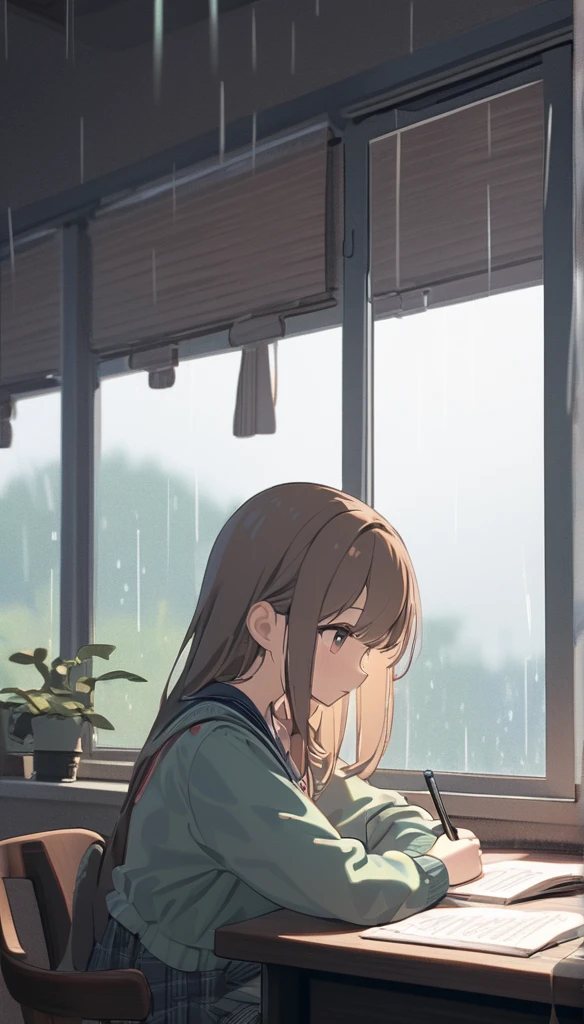 A girl studying at the desk, with rain in the window, cute clothes, cozy ambiance, 8K, Detailed.