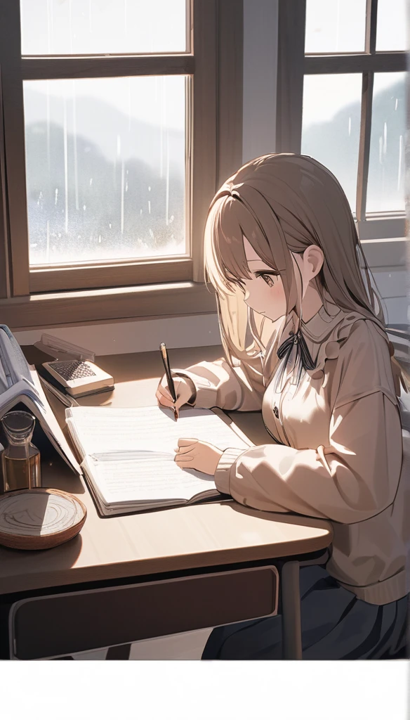 A girl studying at the desk, with rain in the window, cute clothes, cozy ambiance, 8K, Detailed.