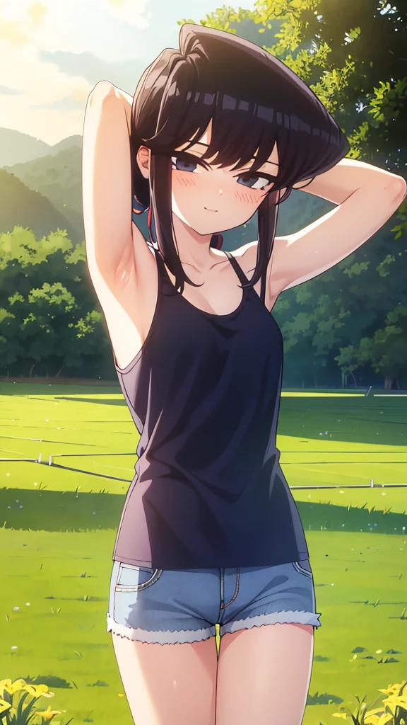 True Face　stand　alone　afternoon　A little blue sky　from the front　straight　low length　Cowboy Shot　Place your arms behind your head　countryside　Beautiful scenery　Straw hat　Show me your armpit hair　Beauty　blush　Tank top　Shorts　smile　Summer evening　Paddy field