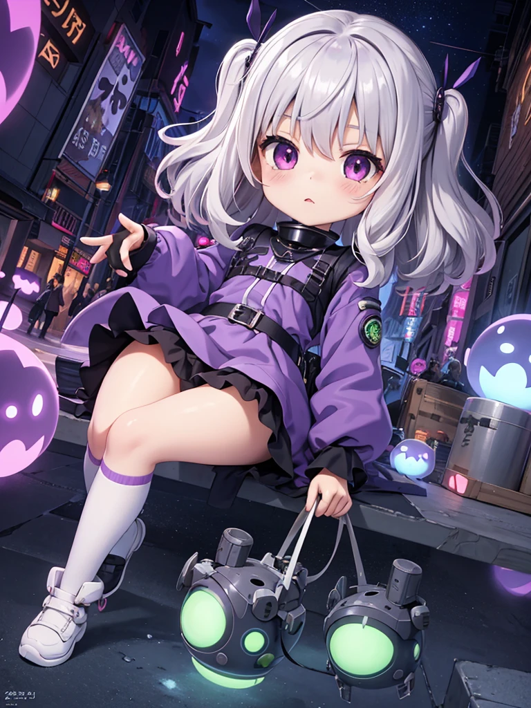 ,anime,small female,HD,Detailed Background, masterpiece, highest quality,whole body,medium hair,silver hair,messy hair,Frizzy hair,kawaii,purple eye,UFO,invaders,town raid