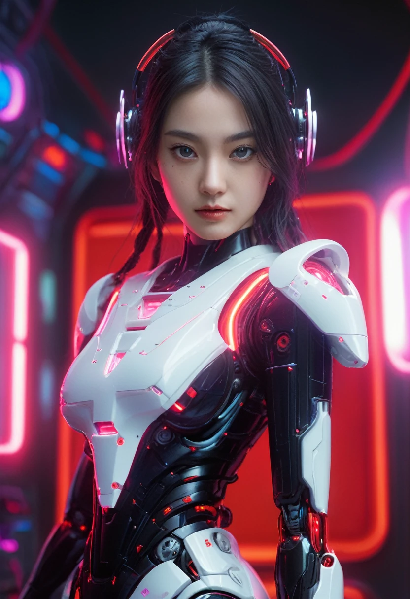 xxmixgirl. Highly detailed professional 35mm film, bokeh, face in sharp focus. A robotic female, Miku, with ((metal skin)), ((perfect Asian eyes)) with magenta irises and ((black pupils)), beautiful serious (detailed face), 18 year old ((photorealistic face)), very long magenta twin tails of magenta hair, twin black hair ties with a single red stripe. She may have a black audio headpiece. We can see her ((full body)) down to her boot soles. Her outfit is a sleeveless collared light grey shirt, outlined in red around the frilled collar and hems. Shiny reflective ((metallic breast cups, dimpleless)), invisible nipples. She wears black sleeves with red hems that start around her upper arm and bellow out as the sleeves open and extend to her wrists, with wide trumpet red rimmed cuffs. She has perfect robotic (detailed hands). She wears a red colored tie with two horizontal solid parallel black lines halfway across. She wears a fabric black skirt with a horizontal red hem at the bottom all the way around; her (((black skirt wraps around her))) and ((her skirt completely covers)) her robotic waist and thighs. Tall black boots with red bottom soles, a red rim around the top at her thighs. Her mechanical shoulder joints are visible. We can see her robotic legs and robotic neck. Half of her is covered with shiny polished machinery. The background is a distant dark neon futuristic Japanese city, gold, cyan, violet neon, near harbor or mountains.