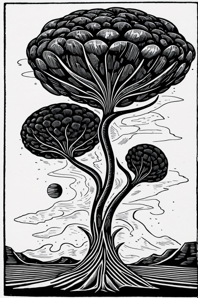 surreal alien plant in the style of a woodcut engraving illustration- black linework on white paper