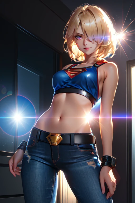 Supergirl, (tanned young woman, (blonde, blue colored eyes, short hair covering one eye, tanned skin with panty lines, perfectbody, perky breasts, hardnipples), red lipgloss stick, (black leather jacket, with small Superman symbol on the arm, yellow Seperman symbol embroidered on the back, tight blue tank top with small Superman symbol on the left side of the chest, exposed abdomen, black leather belt, low waist jeans, Vemeho sneakers), Masterpiece artwork, high qualiy, back-illuminated)) natural lighting, high qualiy, Masterpiece artwork , hair blonde, hair over one eye, glare eyes, glare eyes, seducing smile, Hyper-Realism, image fill, Lens flare, from behind olhando para a camera, precise, anatomically correcte, texturized skin, super detaill, hair blonde, hair over one eye, glare eyes , glare eyes, seducing smile, Hyper-Realism, image fill, under, Lens flare, from behind, from behind, 8K, uhd, 8K, precise, uhd, anatomically correcte, texturized skin, super detaill, 8