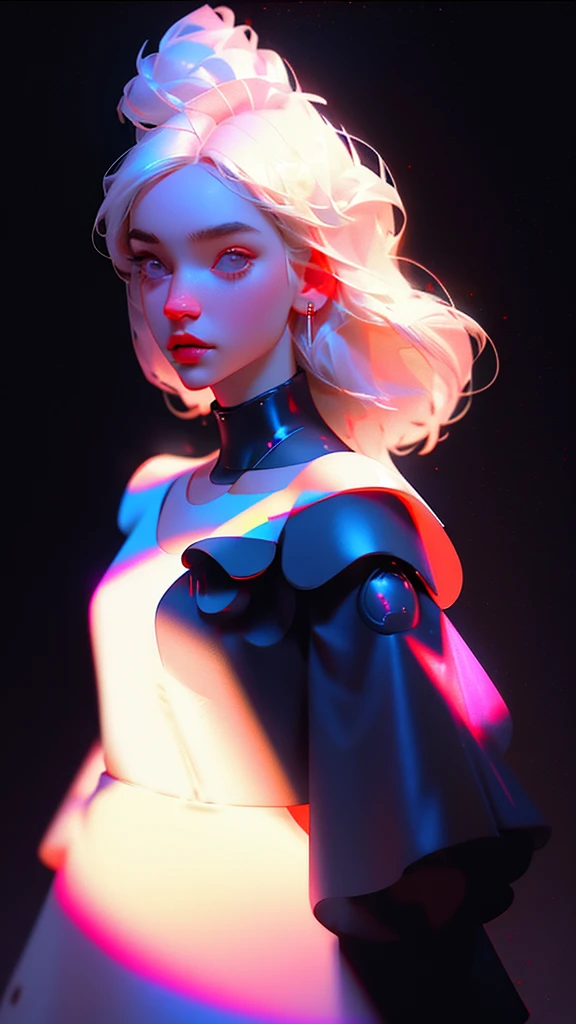 hyper-realistic illustration of the highest quality, The perfect masterpiece, perfect work of art, 8k, (Upper body portrait: 1.5), (((Viewed from the front: 1.2))), close-up lens, delicate face , white-haired woman,(hakuhatsu:1.3),long hair,(black background:1.3),  dress,white dress,pearl illusion,cyberpunk,fashion trend,3s material,high definition,detailed rendering,c4d ,3d,Octane rendering,ray tracing,Complex details,neon lights,animated lighting,OCRenderer,8k,