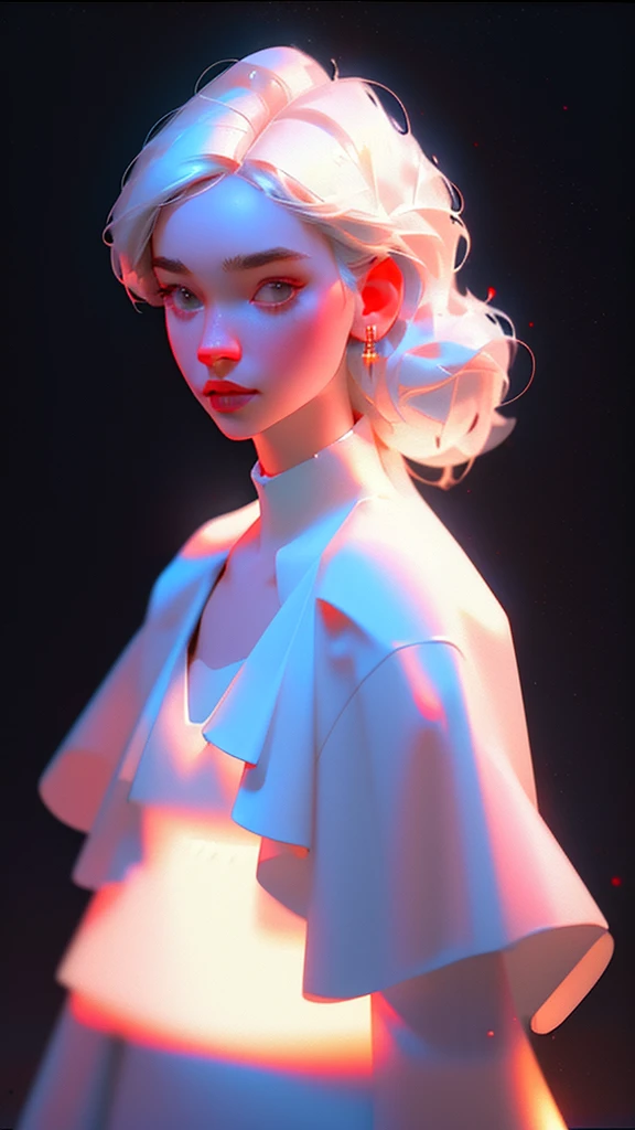 hyper-realistic illustration of the highest quality, The perfect masterpiece, perfect work of art, 8k, (Upper body portrait: 1.5), (((Viewed from the front: 1.2))), close-up lens, delicate face , white-haired woman,(hakuhatsu:1.3),long hair,(black background:1.3),bare chest dress,white dress,pearl illusion,cyberpunk,fashion trend,3s material,high definition,detailed rendering,c4d ,3d,Octane rendering,ray tracing,Complex details,neon lights,animated lighting,OCRenderer,8k,