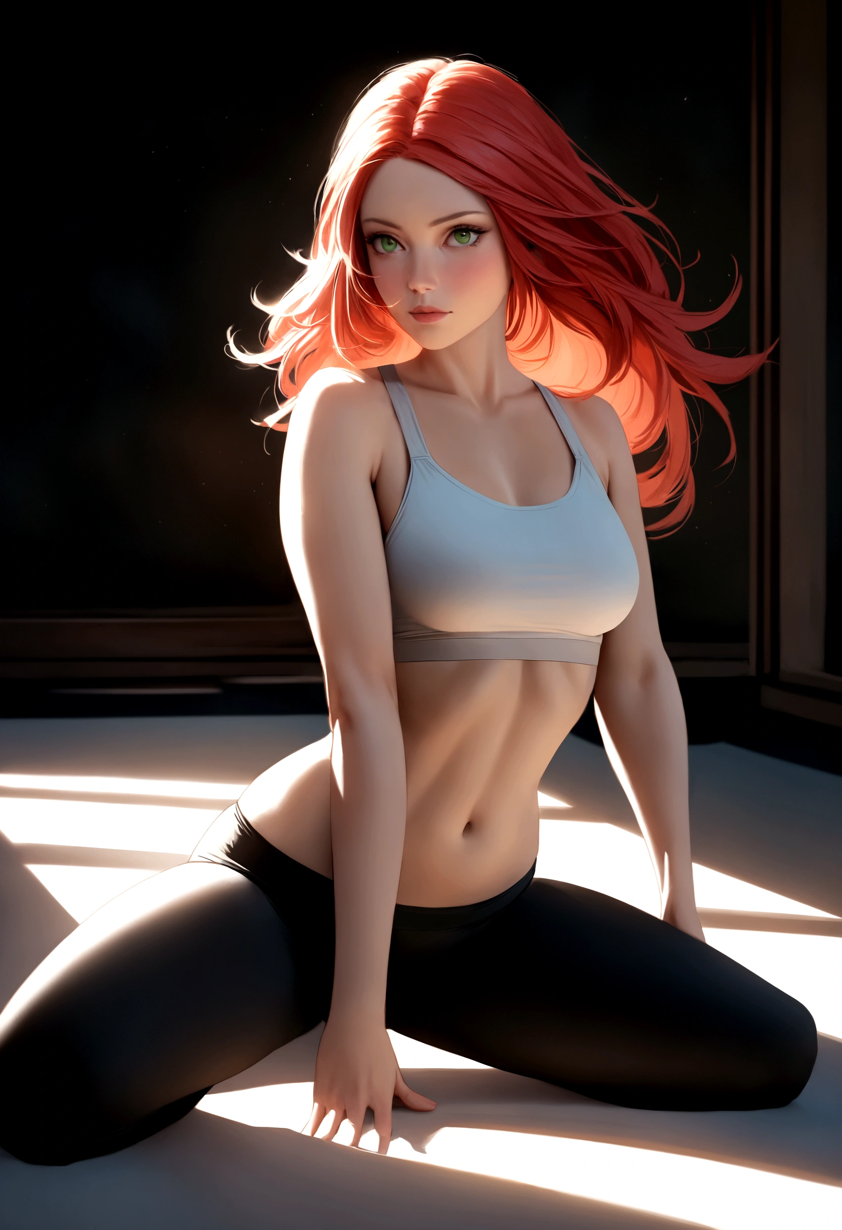 Anna Marlowe finds tranquility and focus while practicing yoga in a peaceful studio, embodying her confidence and determination. 4k, redhead, green eyes and very beautiful, ultra realism