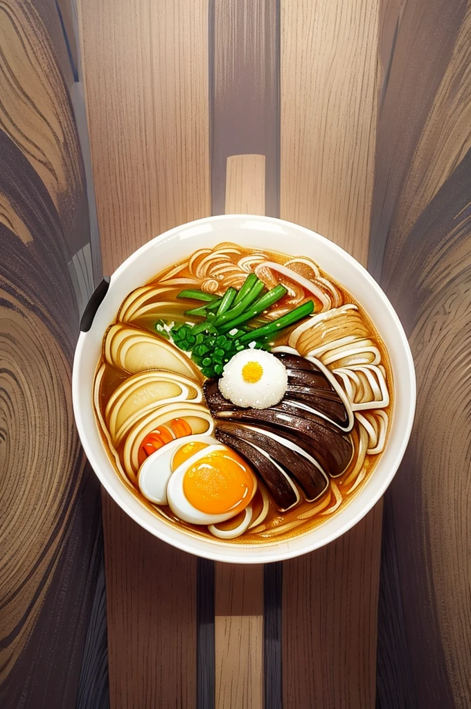 Create a detailed illustration of a bowl of ramen with a unique twist. The ramen bowl should feature elements inspired by traditional Japanese art, specifically the iconic wave patterns from 'The Great Wave off Kanagawa.' The noodles should form wave-like shapes, with toppings such as egg, pork slices, and narutomaki seamlessly blending into the waves. The bowl itself should have intricate patterns, and the background should be a solid color, preferably dark, to make the design stand out. Include subtle Japanese characters as part of the design to enhance the traditional feel