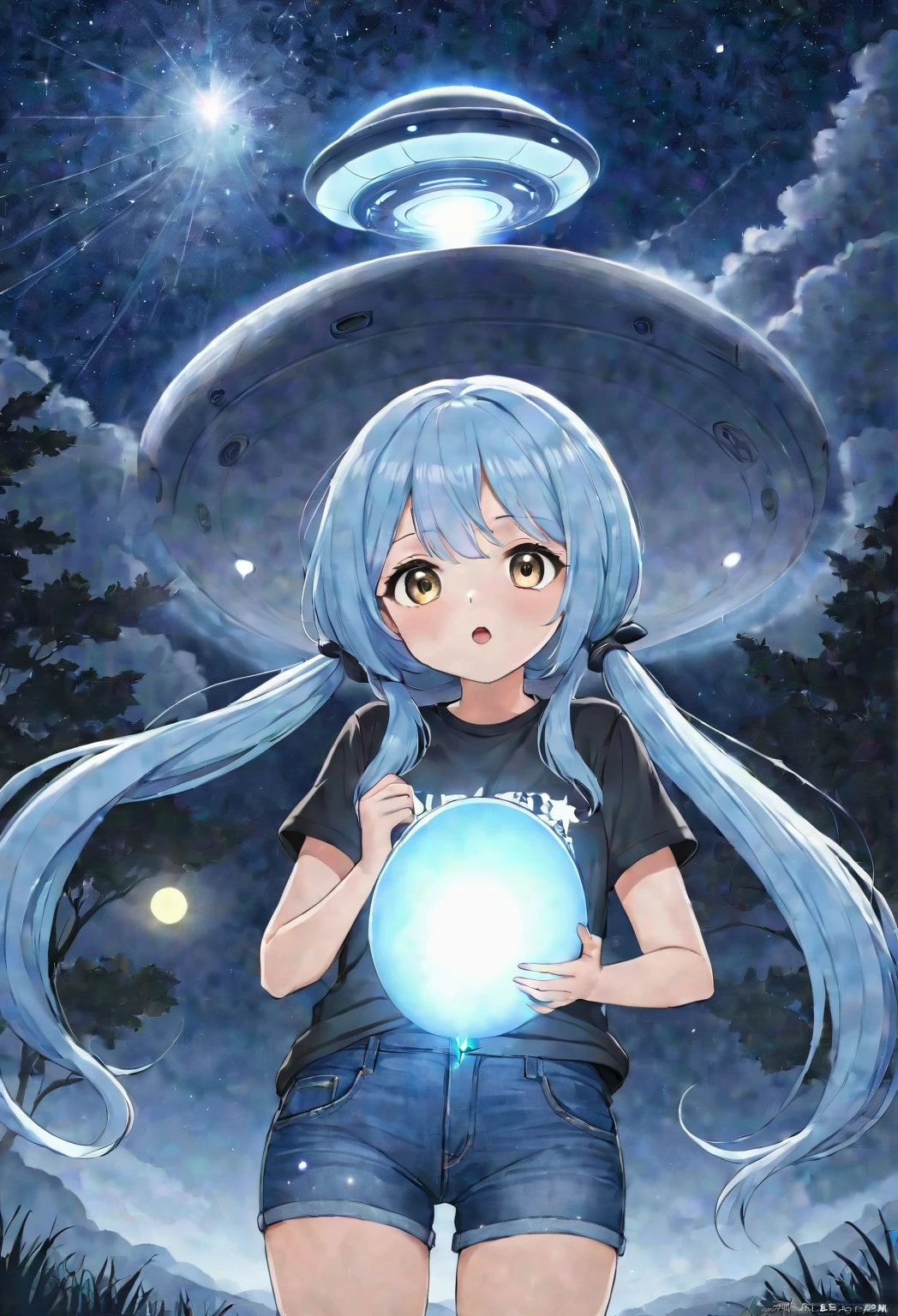 Light blue long hair、Twin-tailed Girl、T-shirt and jeans、Dark Eyes、Surprised face、A large unidentified flying object (UFO) is flying、Aliens descended from a UFO、Girl with alien、A shining light from the UFO、Starry Sky、Moonlit Night、milky way、Aliens have appeared