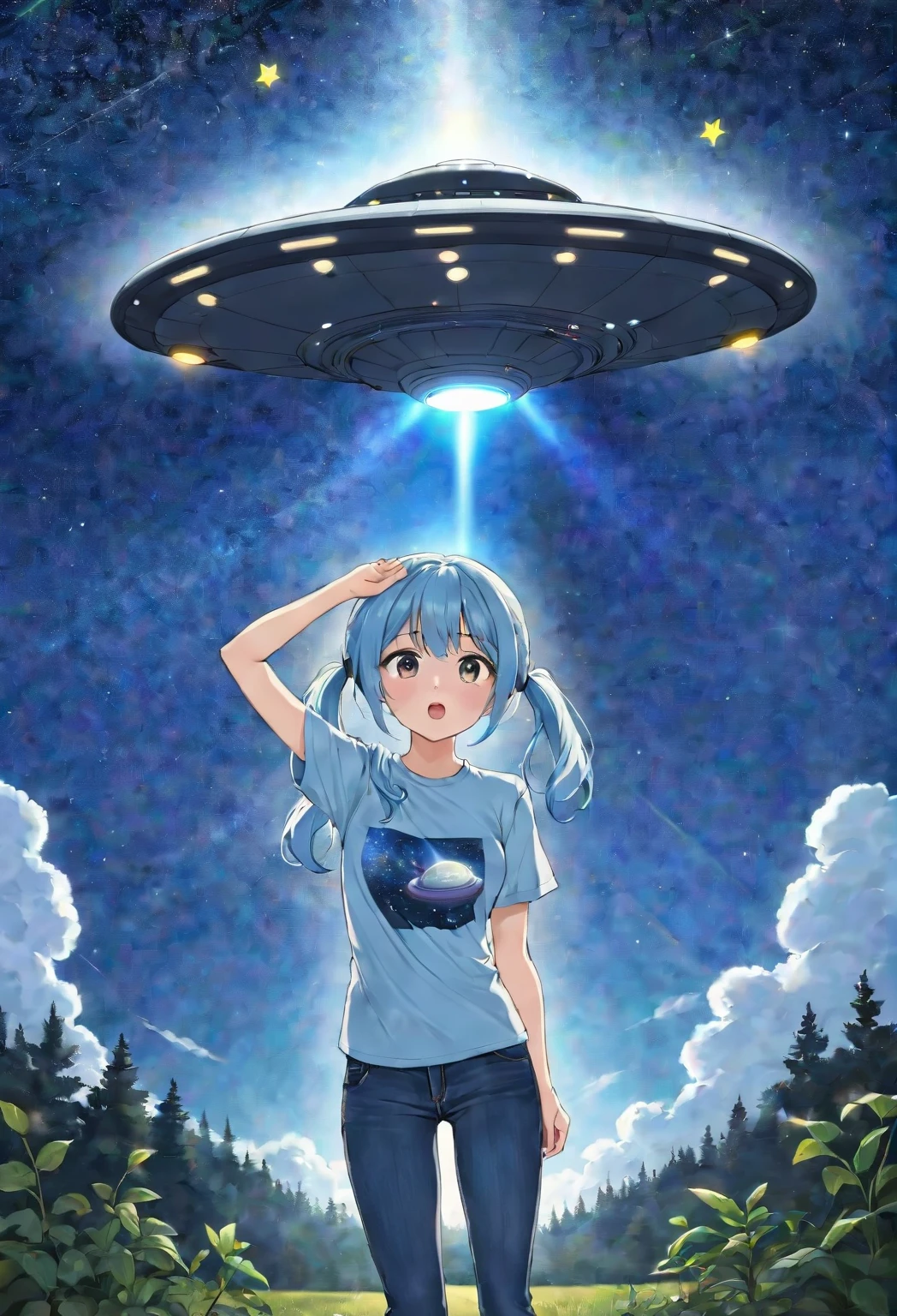 Light blue long hair、Twin-tailed Girl、T-shirt and jeans、Dark Eyes、Surprised face、A large unidentified flying object (UFO) is flying、Aliens descended from a UFO、Girl with alien、A shining light from the UFO、Starry Sky、Moonlit Night、milky way、Aliens have appeared