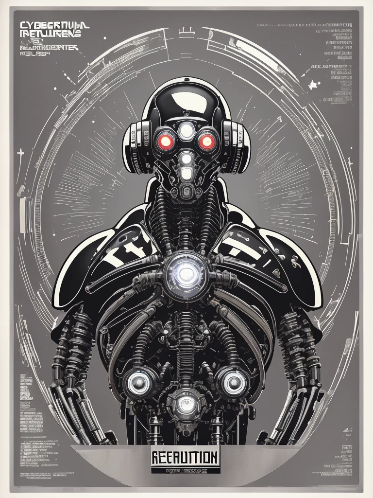 Cybernetic Revolutionaries, european male, magazine cover, poster art , Lovecraftian horror robot, bold huge text, matted design layout, strong, bold inking techniques, Metallic Silver and Gunmetal Gray: These colors are often used to represent the metallic components of cyborgs, giving them a sleek and futuristic appearance.