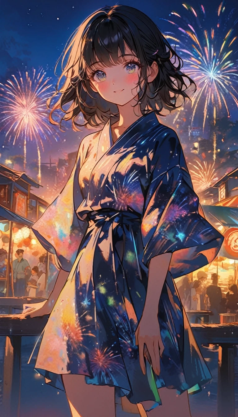 a gril in yukata,fluid,light particles, dreamy,shimmering,dreamy glow,paint dripping,oil painting,heavy strokes,paint dripping,splash paint drop,firework oil painting,(abstract:1.2)girl made up of(firework light tracing:1.25),turning into a (Radioluminescence light tracing) style firework,(Cowboy shot,above knee portrait:1.25),The Fireworks party,all kinds of firework,Glowing Neon,Temple fairs,summer festivals,various street vendors,seaside,starry sky,sunset glow,illustration,animation 