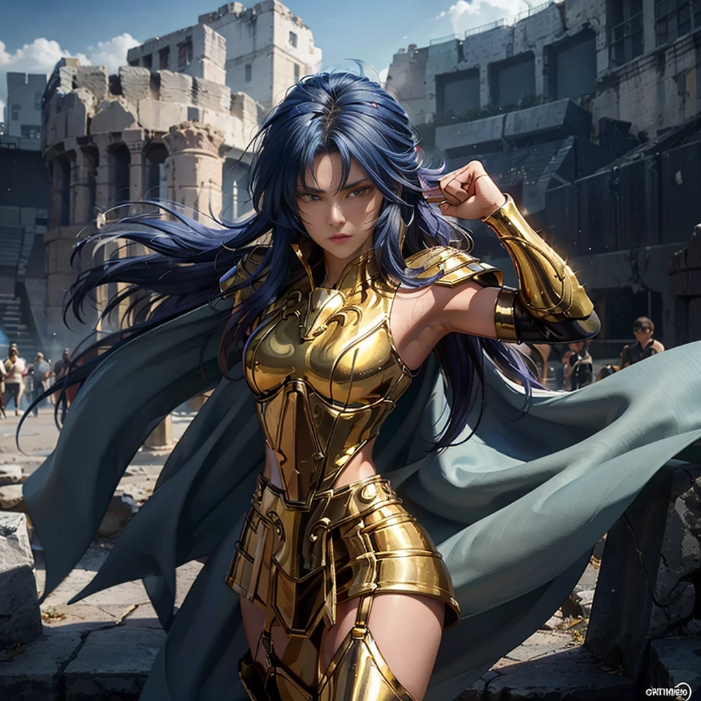 **render**: Boxing Girls, Rendered in highly detailed 4K, Get caught up in intense moments at the Greek Colosseum. When she shakes her fist, The luster of her skin and her detailed features stand out. The background is vivid with strong sunlight, Showcase a Colosseum packed with spectators. super high saturation（tmasterpiece）， fully body photo，（best qualtiy）， （1girll），superwide shot， sface focus， Wearing shiny gold armor， Sexy lingerie type armor，Expose your breasts，Exposing the waistline，Exposing thighs，Cool Pose， Saint Seiya's Armor， dishevled hair，high detal, Anime style, Cinematic lighting, The armor shines golden, God Light, Ray traching, film grains, hyper HD, textured skint, super detailing, anatomical correct, hight resolution，super high saturation，highly contrast，High-gloss armor，slick skin，Grim expression，blue hairs