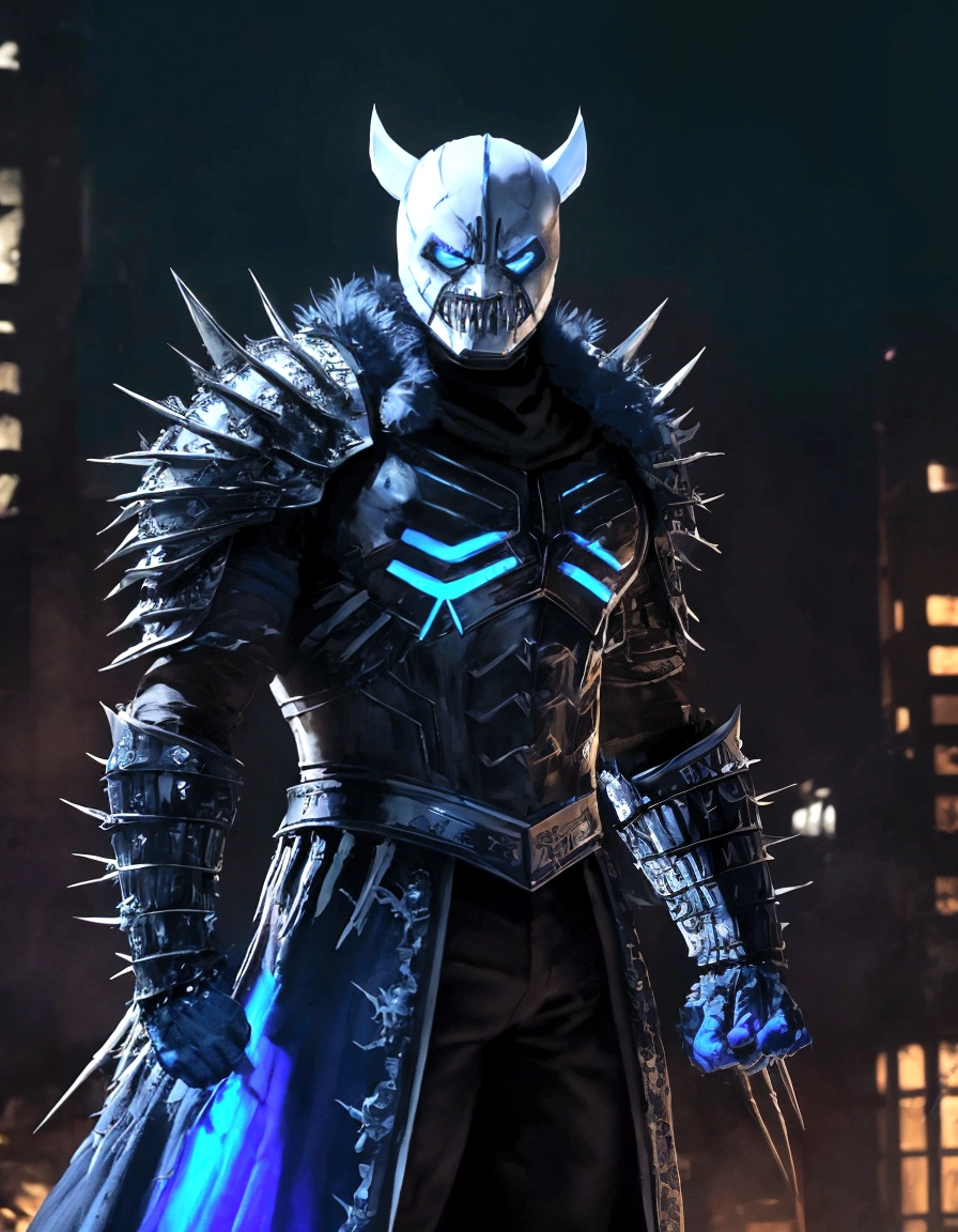 (extremely detailed 8k wallpaper), a medium shot photo of scary Grim dressed as a white masked wolverine in an armour made of blue glowing wires from marvel, theme, intricate, high detail, dramatic, old scary building with metallic spikes in the background