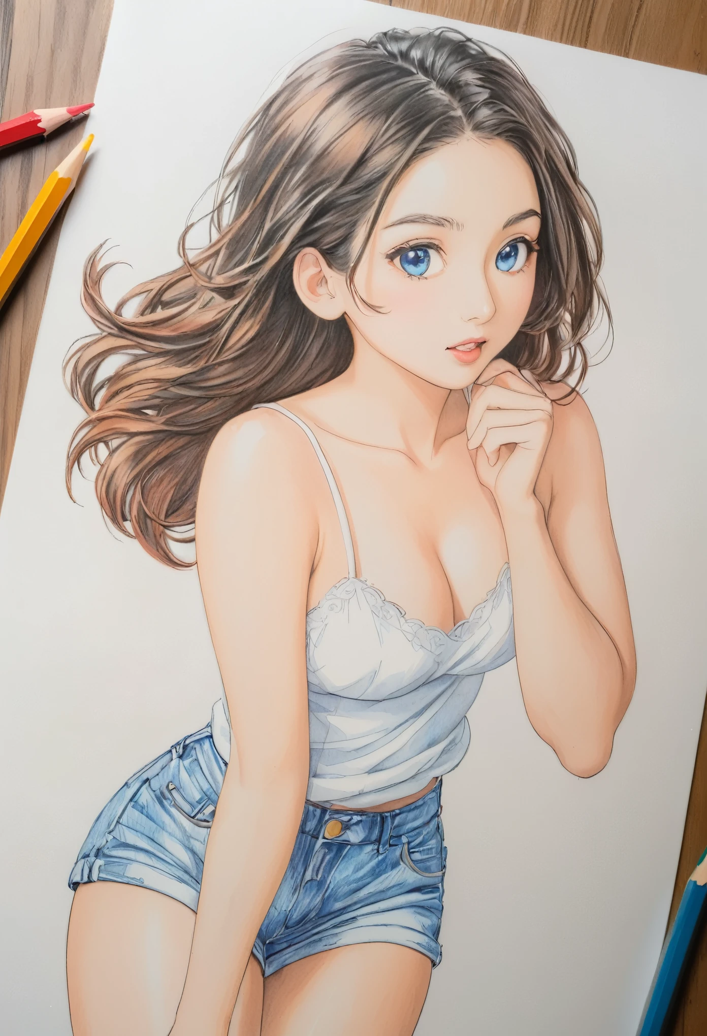 female,short camisole,white,Art,ad,colour pencil drawing,draft drawing ,comic collage
