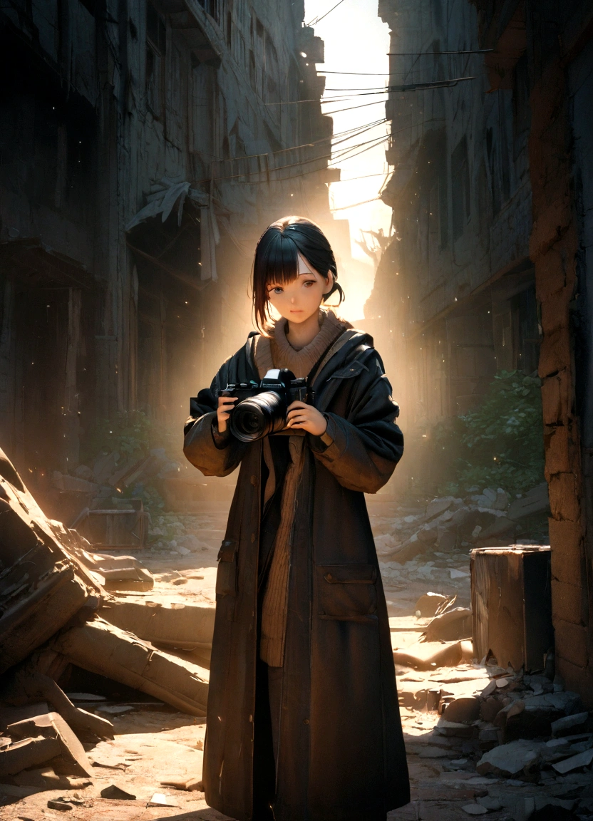 RAW Photos, Background of urban ruins (Highly detailed skin: 1.2), 8K Ultra HD, Digital SLR, Soft lighting, high quality, cinematic particles, Fujifilm XT3