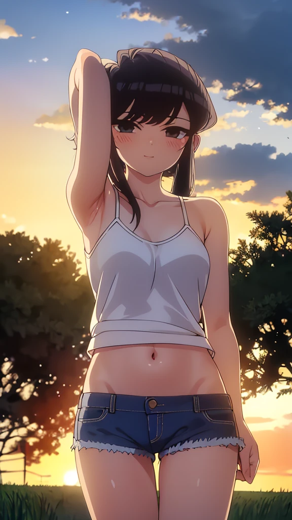 True Face　stand　alone　afternoon　A little blue sky　from the front　straight　low length　Cowboy Shot　Place your arms behind your head　countryside　Beautiful scenery　Wear a straw hat　Show me your armpit hair　Beauty　blush　Tank top　Shorts　smile　Summer evening　Paddy field　Beautiful sunset