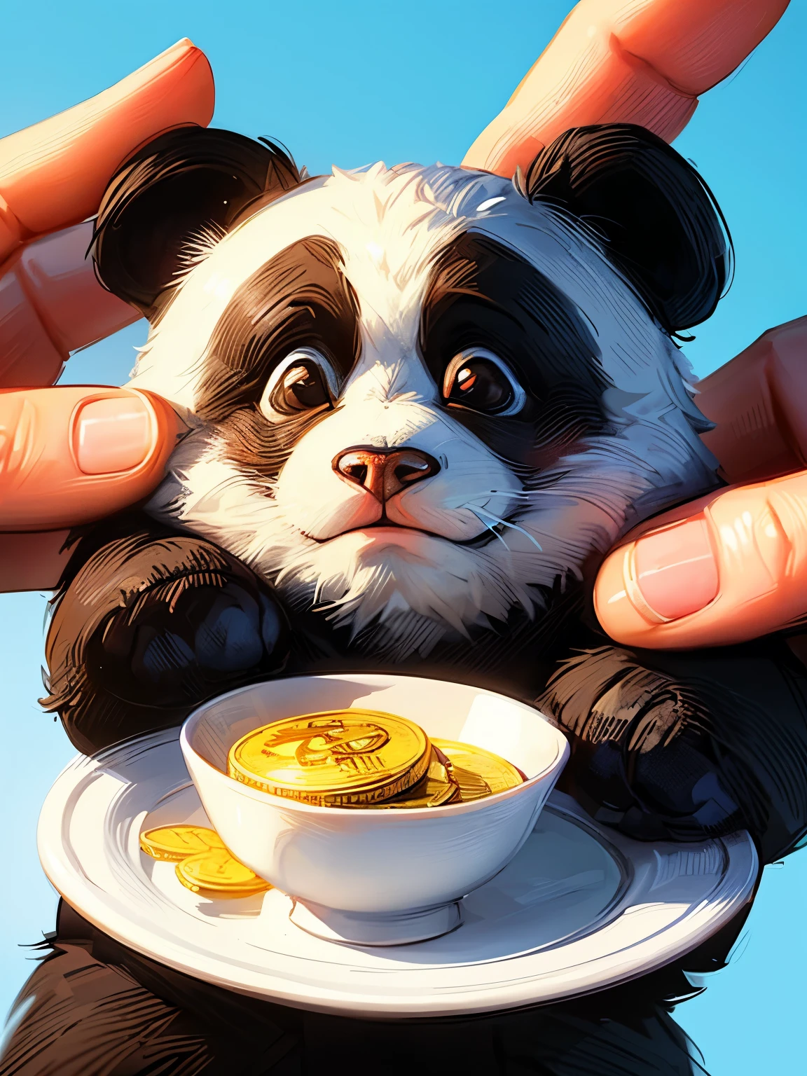 panda bear holding a coin on a plate with blue background, Satoshi, just kidding, panda, bitcoins, panda panda panda, crypto, cryptocurrency, cute panda, adorable digital painting, by Yang J, cute detailed digital art, by Brian Thomas, inspired by Zhu Da, by Luis Miranda, fanart oficial