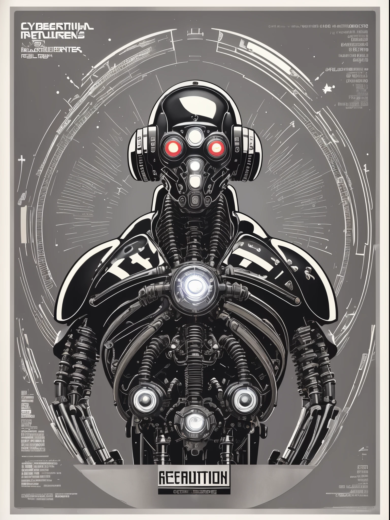 Cybernetic Revolutionaries, european male, magazine cover, poster art , Lovecraftian horror robot, bold huge text, matted design layout, strong, bold inking techniques, Metallic Silver and Gunmetal Gray: These colors are often used to represent the metallic components of cyborgs, giving them a sleek and futuristic appearance.