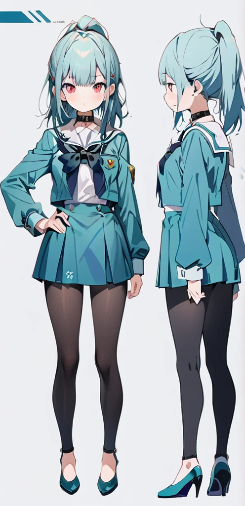 (masterpiece, best quality:1.2), 1girl, solo,((( reference sheet)))), ((( small chest))), (((black collar)), ((( Multiple angles and views.))), 
((long ponytail turquoise hair))), ((red eyes))), White sleeveless tank top, turquoise uniform school,((turquoise uniform)))( black pantihose),(turquoise highheels) hard nipples