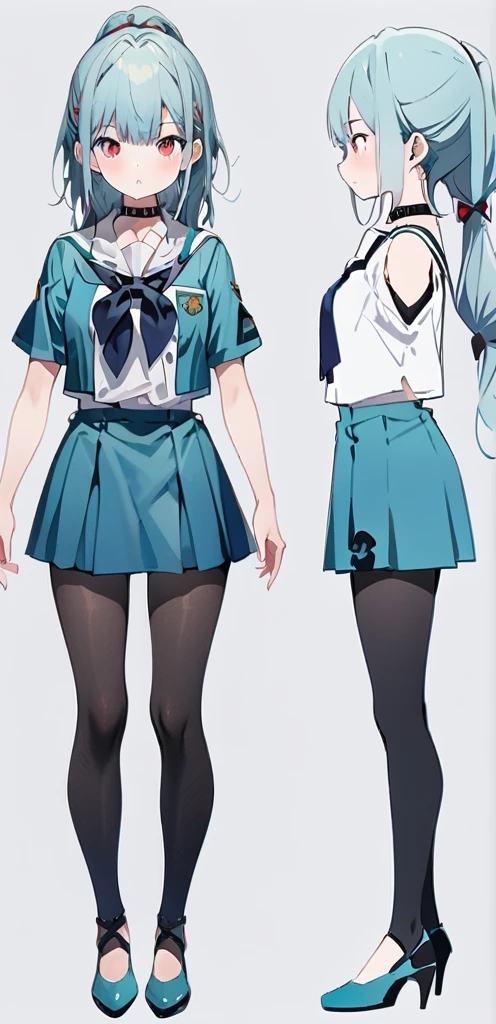 (masterpiece, best quality:1.2), 1girl, solo,((( reference sheet)))), ((( small chest))), (((black collar)), ((( Multiple angles and views.))),
((long ponytail turquoise hair))), ((red eyes))), White sleeveless tank top, turquoise uniform school,((turquoise uniform)))( black pantihose),(turquoise highheels) hard nipples