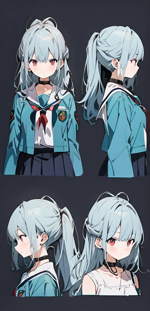 (masterpiece, best quality:1.2), 1girl, solo,((( reference sheet)))), ((( small chest))), (((black collar)), ((( Multiple angles and views.))),
((long ponytail turquoise hair))), ((red eyes))), White sleeveless tank top, turquoise uniform school,((turquoise uniform)))( black pantihose),(turquoise highheels) hard nipples