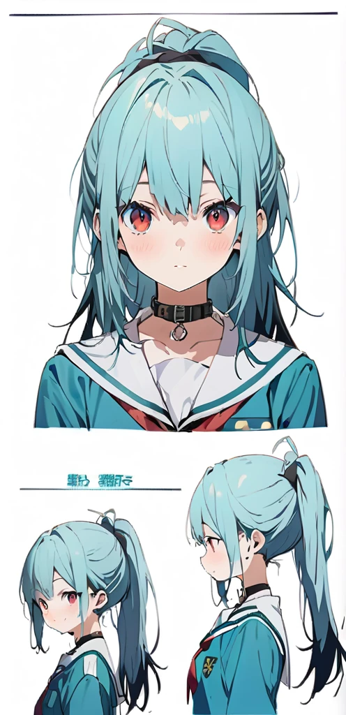 (masterpiece, best quality:1.2), 1girl, solo,((( reference sheet)))), ((( small chest))), (((black collar)), ((( Multiple angles and views.))), 
((long ponytail turquoise hair))), ((red eyes))), White sleeveless tank top, turquoise uniform school,((turquoise uniform)))( black pantihose),(turquoise highheels) hard nipples