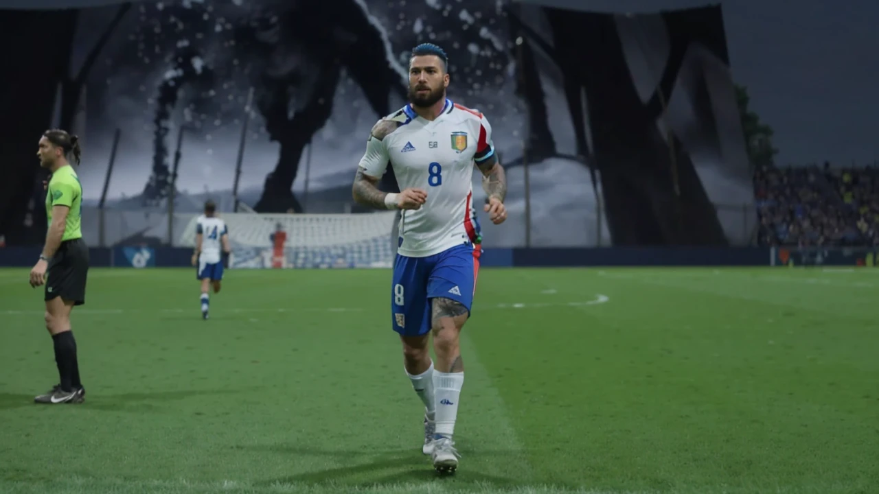 Create an ultra-realistic football game scene in a stylized stadium, where a football player with vibrant blue hair and beard, wearing the Italian national team uniform with the number 8, is about to kick the ball. The player sports intricate tattoos on his arms and legs. Ao fundo, a towering mural of a black wolf under a stormy, snowing sky adorns the stadium, while other players, referees and fans contribute to the dynamic and intense atmosphere of the game.