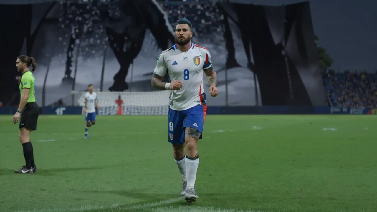 Create an ultra-realistic football game scene in a stylized stadium, where a football player with vibrant blue hair and beard, wearing the Italian national team uniform with the number 8, is about to kick the ball. The player sports intricate tattoos on his arms and legs. Ao fundo, a towering mural of a black wolf under a stormy, snowing sky adorns the stadium, while other players, referees and fans contribute to the dynamic and intense atmosphere of the game.