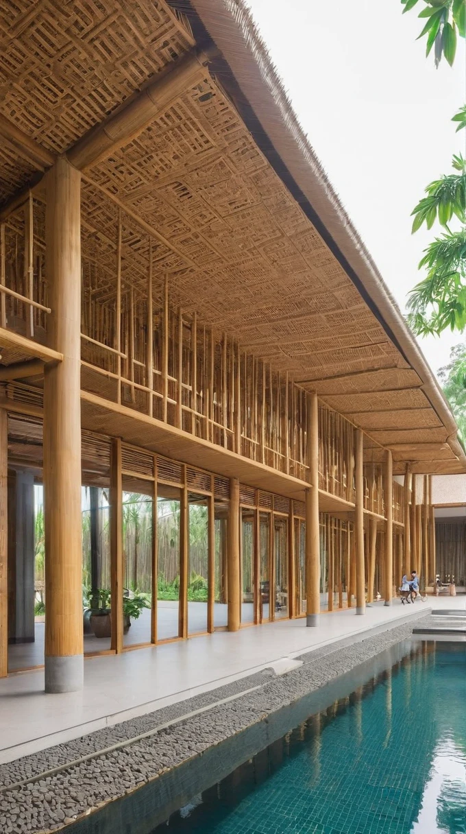 create a cultural center, make it look modern, use bamboo as the main material, parts that are made of reinforced concrete and wood, use of curtain wall, have lattices, hollow brick walls, that has squares and paths