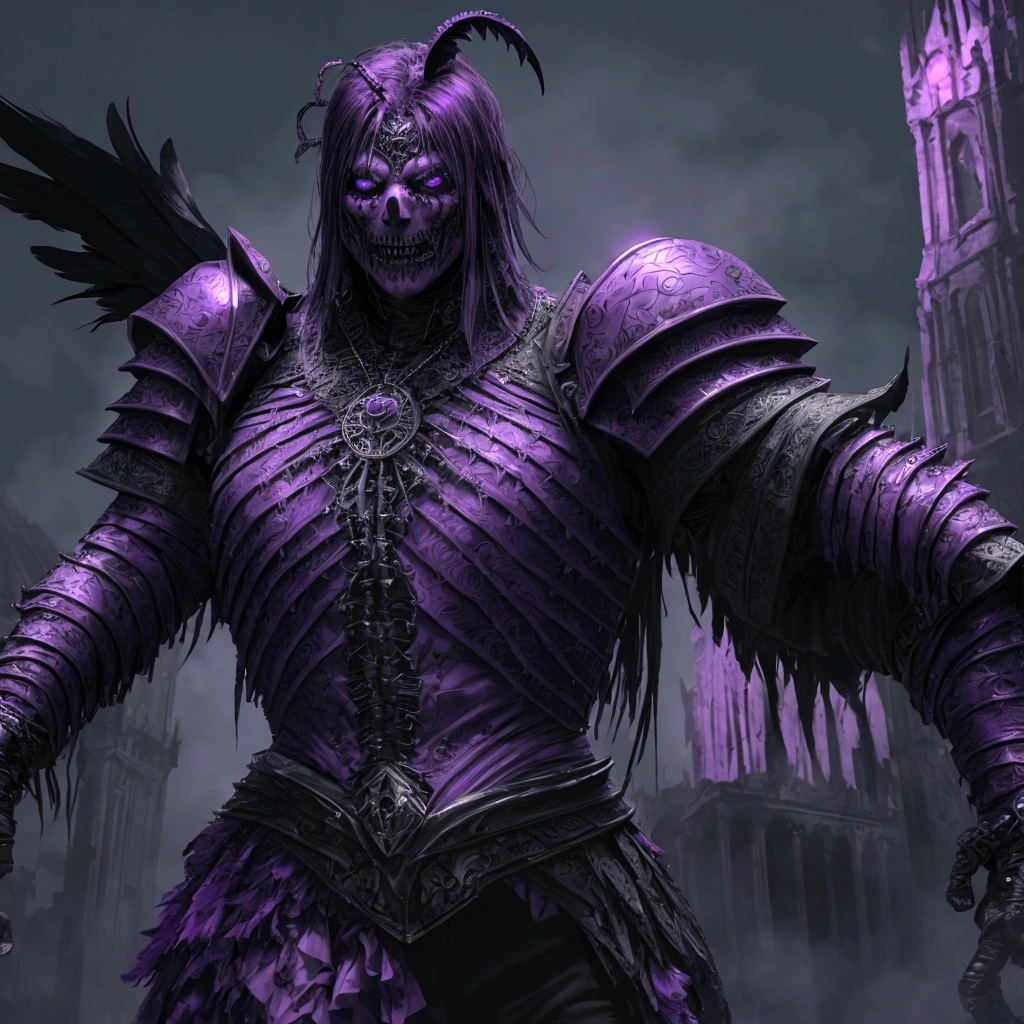 (extremely detailed 8k wallpaper), a medium shot photo of scary Grim dressed as a purple raven-man in an armour made of purple glowing wires from marvel, theme, intricate, high detail, dramatic, old scary building with a huge raven in the background