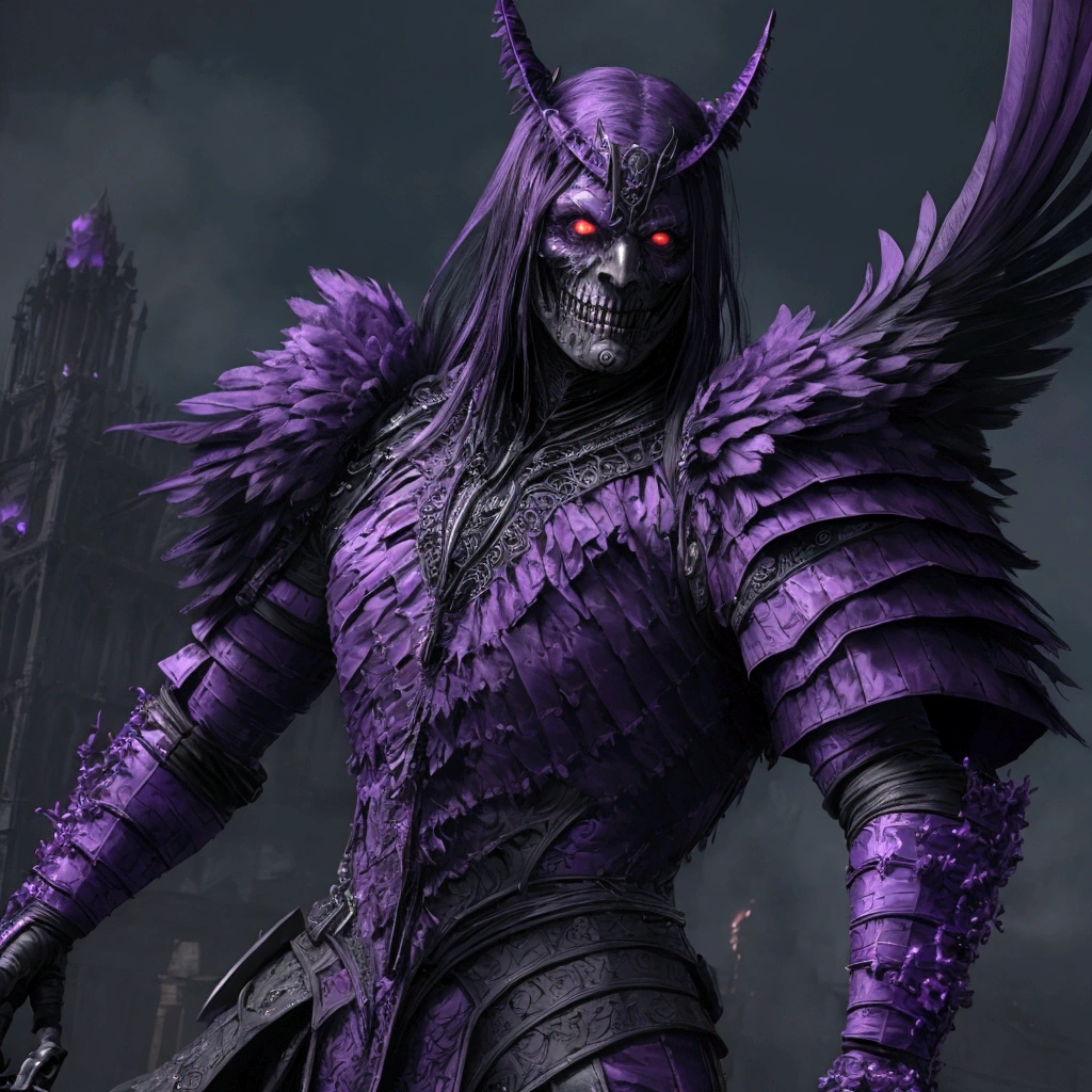  
(extremely detailed 8k wallpaper), a medium shot photo of scary  Grim dressed as a purple raven-man in an armour made of purple glowing wires from marvel, theme, intricate, high detail, dramatic, old scary building  with a huge raven in the background 