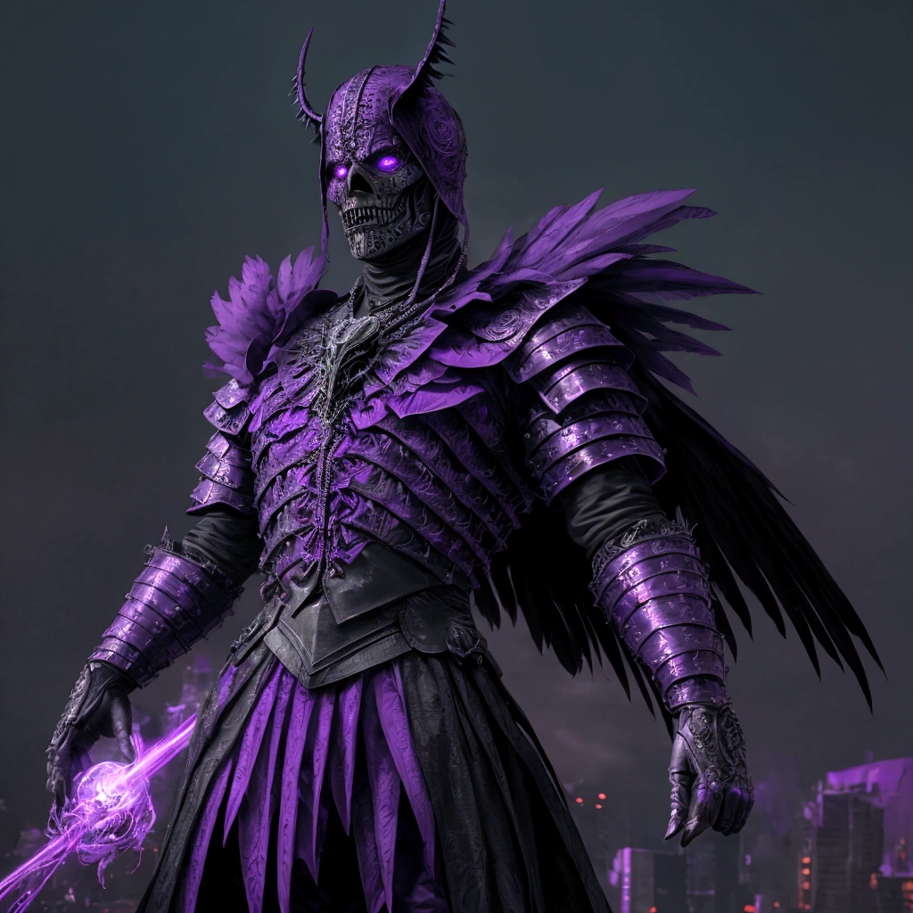 (extremely detailed 8k wallpaper), a medium shot photo of scary Grim dressed as a purple raven-man in an armour made of purple glowing wires from marvel, theme, intricate, high detail, dramatic, old scary building with a huge raven in the background