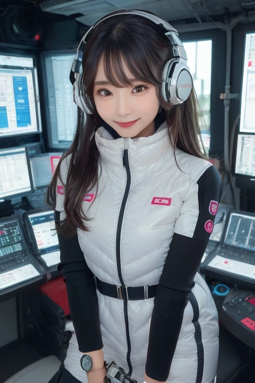 masterpiece, Highest quality, Very detailed, 8K Portrait,Japanese Android Girl,plump , Control panel,Robotic arms and legs, Blunt bangs,,break (Metallic Gray, Metallic luster, Mirror finish, Astro Best):5,headphone:5,break (Black sleeves):100,Smart Watches,Futuristic space station,Control Room,break headphone,blue eyes,(Black Hair):2,(Long Hair):1.3,Displaying the viewer,(respirator),break blush:3,Hidden Hand,smile