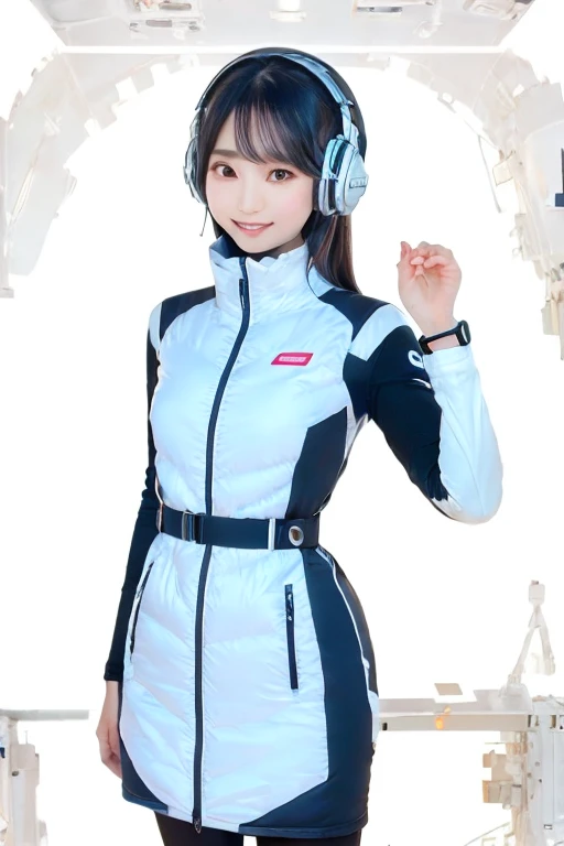 masterpiece, Highest quality, Very detailed, 8K Portrait,Japanese Android Girl,plump , Control panel,Robotic arms and legs, Blunt bangs,,break (Metallic Gray, Metallic luster, Mirror finish, Astro Best):5,headphone:5,break (Black sleeves):100,Smart Watches,Futuristic space station,Control Room,break headphone,blue eyes,(Black Hair):2,(Long Hair):1.3,Displaying the viewer,(respirator),break blush:3,Hidden Hand,smile