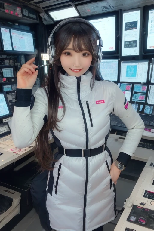 masterpiece, Highest quality, Very detailed, 8K Portrait,Japanese Android Girl,plump , Control panel,Robotic arms and legs, Blunt bangs,,break (Metallic Gray, Metallic luster, Mirror finish, Astro Best):5,headphone:5,break (Black sleeves):100,Smart Watches,Futuristic space station,Control Room,break headphone,blue eyes,(Black Hair):2,(Long Hair):1.3,Displaying the viewer,(respirator),break blush:3,Hidden Hand,smile