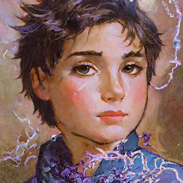 Boy&#39;s face with curly hair, 3 style painted in oil