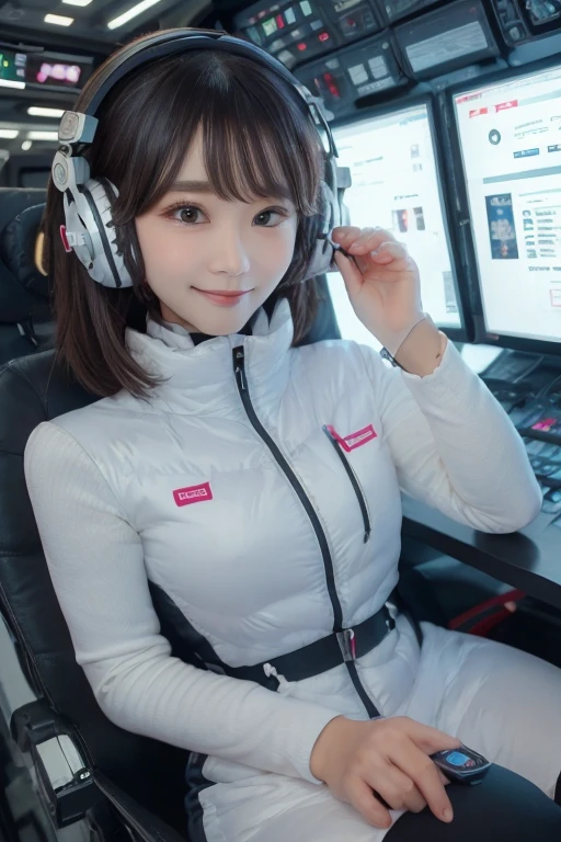 masterpiece, Highest quality, Very detailed, 8K Portrait,Japanese Android Girl,plump , Control panel,Robotic arms and legs, Blunt bangs,,break (Metallic Gray, Metallic luster, Mirror finish, Astro Best):5,headphone:5,break (Black sleeves):100,Smart Watches,Futuristic space station,Control Room,break headphone,blue eyes,(Black Hair):2,(Long Hair):1.3,Displaying the viewer,(respirator),break blush:3,Hidden Hand,smile
