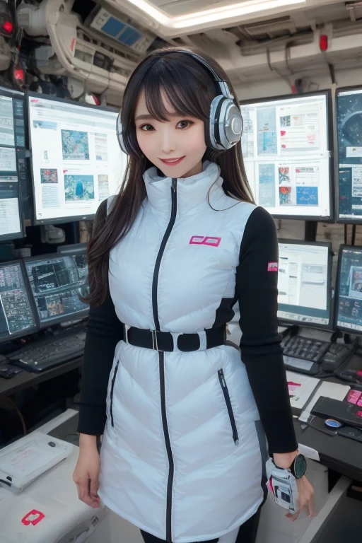 masterpiece, Highest quality, Very detailed, 8K Portrait,Japanese Android Girl,plump , Control panel,Robotic arms and legs, Blunt bangs,,break (Metallic Gray, Metallic luster, Mirror finish, Astro Best):5,headphone:5,break (Black sleeves):100,Smart Watches,Futuristic space station,Control Room,break headphone,blue eyes,(Black Hair):2,(Long Hair):1.3,Displaying the viewer,(respirator),break blush:3,Hidden Hand,smile