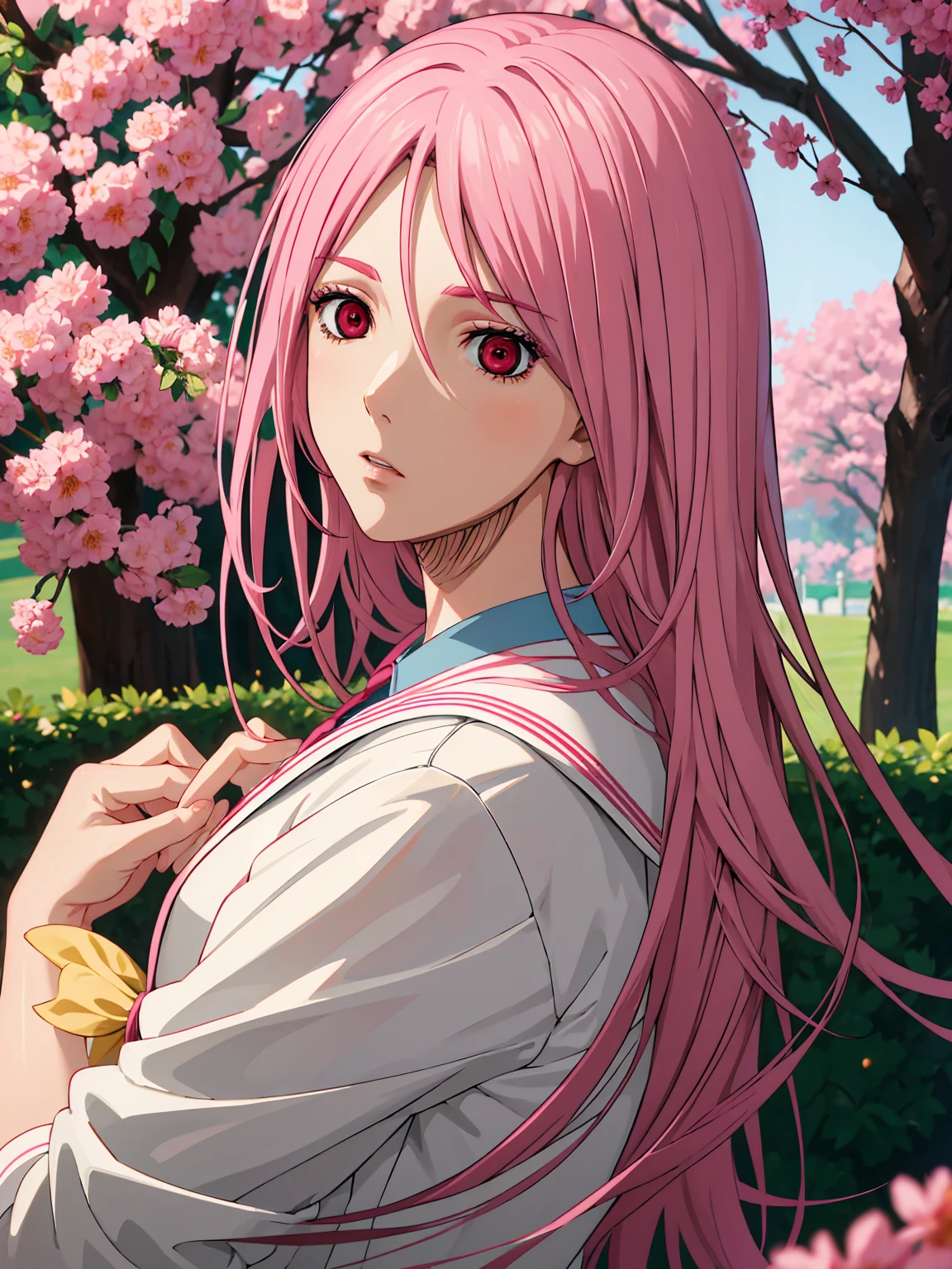 absurdres, highres, ultra detailed, HDR, master piece, best quality, Momoi Satsuki, pink long hair, expressive red eyes, Kuroko No Basket, solo, woman, beautiful, white jacket, blossoms, pink flowers, garden