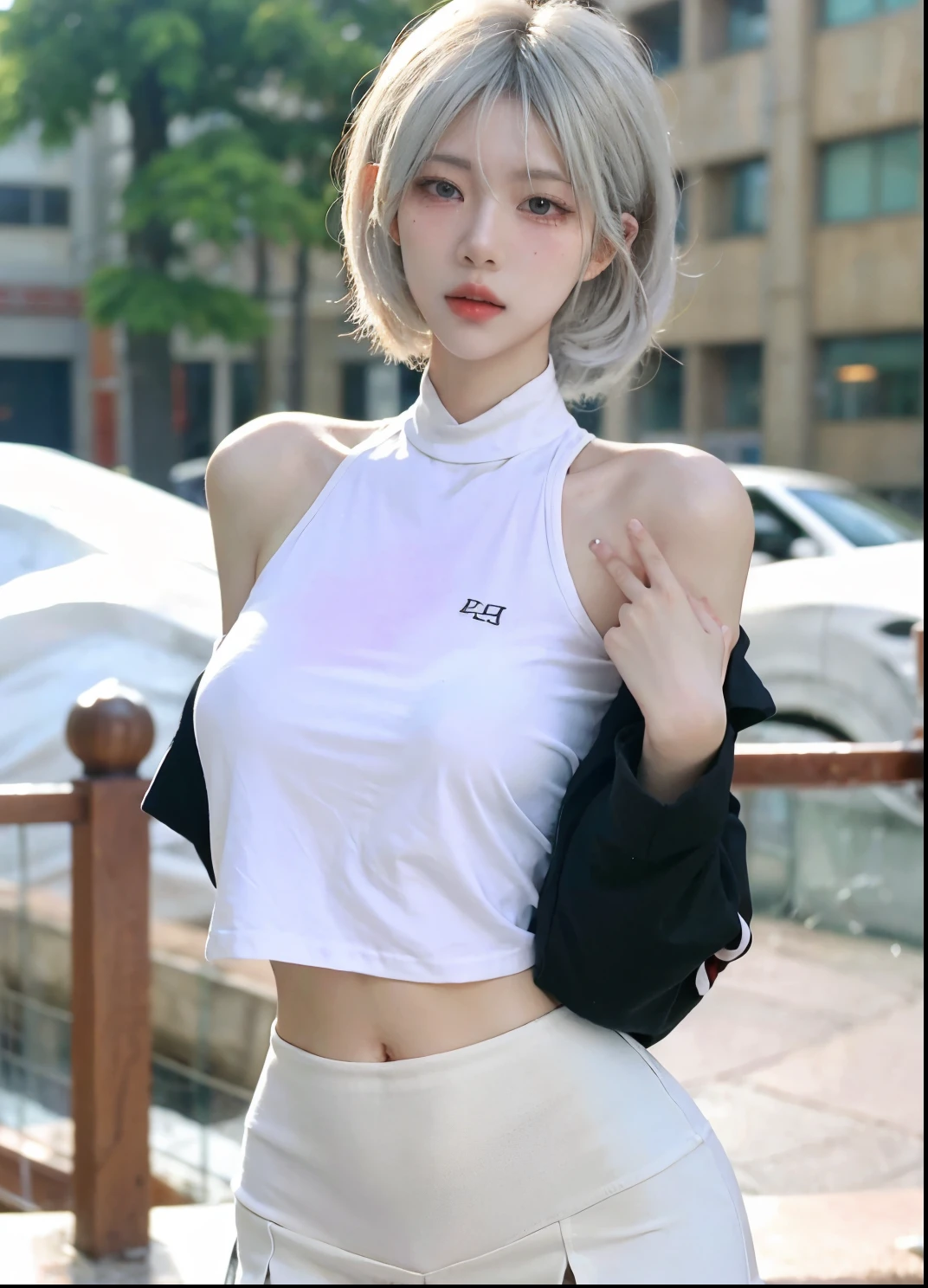 Beautiful woman with perfect figure:1.4,Ultra-high resolution,Put your hands behind your back,Snow background,(Realism:1.4),perspective,Layered hairstyle,Snow white skin,JK:1.5,Super short pleated skirt,whole body:1.4,Very delicate and skin texture,Double eyelids,Skin Whitening,Long hair,White hair