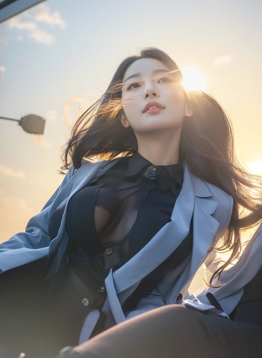 a woman (wearingOffice secretary clothes,Very large breasts, their hair become black hair, their face become beautiful korean face:1.2)
