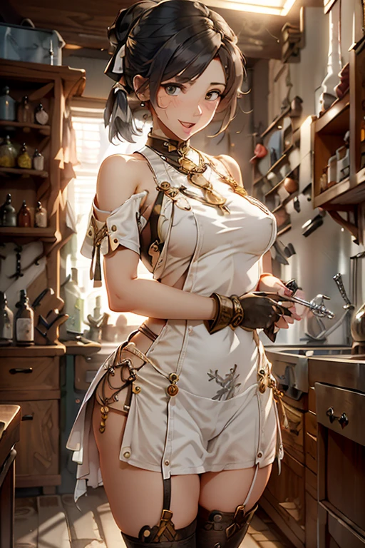 (fantasy:1.5),(anime,8k,masterpiece, top quality, best quality,beautiful and aesthetic:1.2,professional illustrasion:1.1,ultra detail:1.3,perfect lighting),extremely detailed,highest detailed,incredibly absurdres , highres, ultra detailed,intricate:1.6,(Alchemy Workshop:1.4),A girl mixing,Medicine in many small bottles,holding small potion,colorful:1.4,zentangle,(1girl),(girl),(((Whole body image)))(Three kingdoms female warload),(highly detailed beautiful face and eyes,firm breasts),oily skin,((black,hair,short bob with short pony tail hair)),thin pubic hair,cute,lovely,34 years old,alchemist costume,Merchant's Clothing,smile,in the kitchen,smile,seductive weak smiling,(with sparkling eyes and a contagious smile),open mouth, Looking at Viewer,
