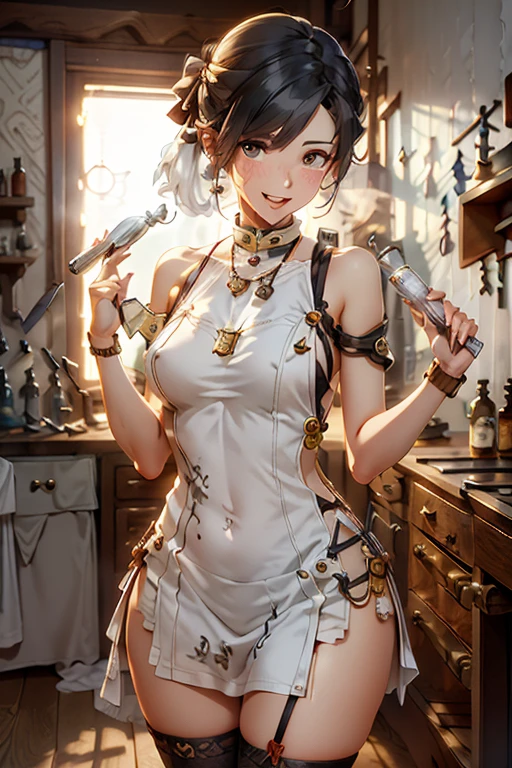 (fantasy:1.5),(anime,8k,masterpiece, top quality, best quality,beautiful and aesthetic:1.2,professional illustrasion:1.1,ultra detail:1.3,perfect lighting),extremely detailed,highest detailed,incredibly absurdres , highres, ultra detailed,intricate:1.6,(Alchemy Workshop:1.4),A girl mixing,Medicine in many small bottles,holding small potion,colorful:1.4,zentangle,(1girl),(girl),(((Whole body image)))(Three kingdoms female warload),(highly detailed beautiful face and eyes,firm breasts),oily skin,((black,hair,short bob with short pony tail hair)),thin pubic hair,cute,lovely,34 years old,alchemist costume,Merchant's Clothing,smile,in the kitchen,smile,seductive weak smiling,(with sparkling eyes and a contagious smile),open mouth, Looking at Viewer,
