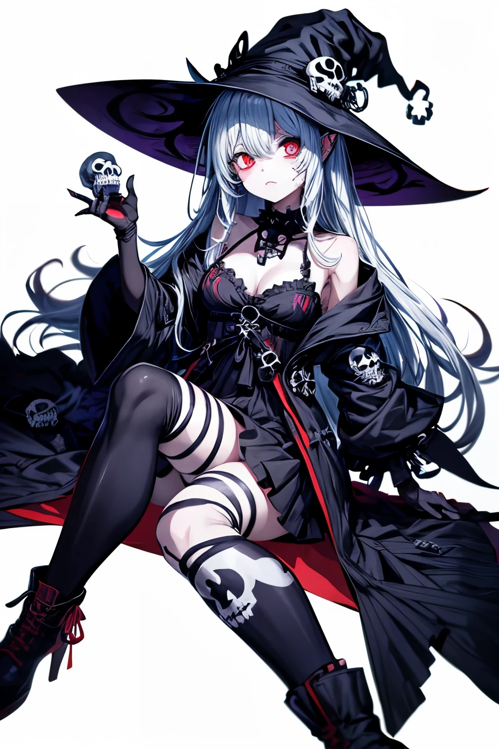悲しい、切ない、anime zombie witch design, crossbones, skulls, street wear design, pro vector, Horror style, full design, 6 colors only, solid colors, no shadows, full design, sticker, bright colors, white background.