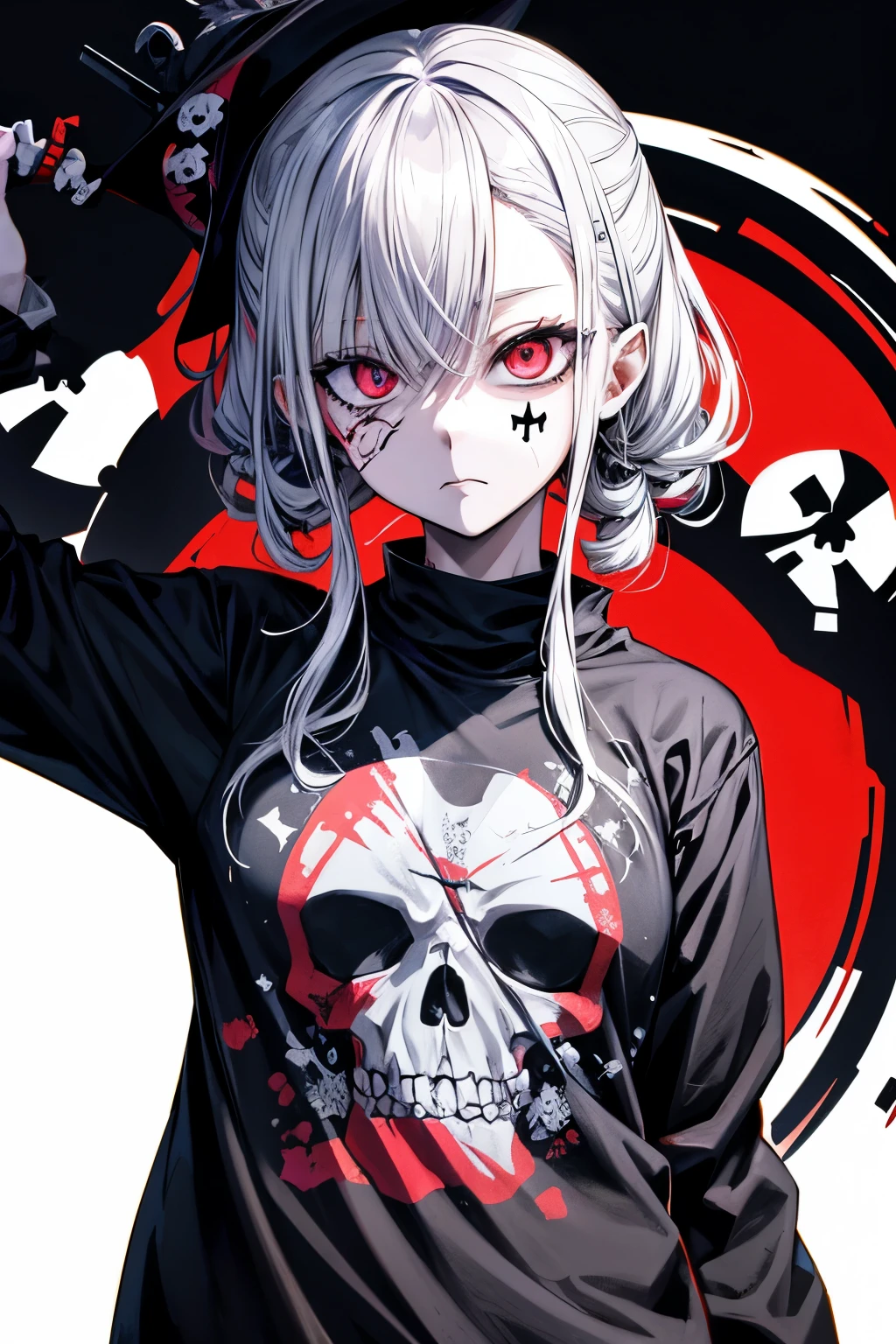 悲しい、切ない、anime zombie witch design, crossbones, skulls, street wear design, pro vector, Horror style, full design, 6 colors only, solid colors, no shadows, full design, sticker, bright colors, white background.