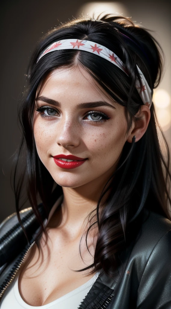 Photo of (sharp focus:1.2), attractive young woman, (beautiful face:1.1), detailed eyes, red lips, (eyeshadow:1.2), (winged eyeliner:1.2), (subtle smile:1.35), body freckles, (medium breasts:1.0), (toned body:1.2), (black hair:1.2), wearing (headband, open jacket:1.2) at (club:1.2). (dreamy lighting:1.2), depth of field, bokeh, 4K, HDR. by (James C. Christensen:1.2|Jeremy Lipking:1.1).