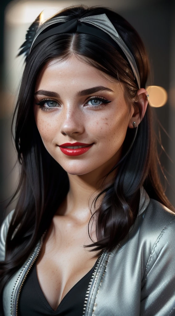 Photo of (sharp focus:1.2), attractive young woman, (beautiful face:1.1), detailed eyes, red lips, (eyeshadow:1.2), (winged eyeliner:1.2), (subtle smile:1.35), body freckles, (medium breasts:1.0), (toned body:1.2), (black hair:1.2), wearing (headband, open jacket:1.2) at (club:1.2). (dreamy lighting:1.2), depth of field, bokeh, 4K, HDR. by (James C. Christensen:1.2|Jeremy Lipking:1.1).