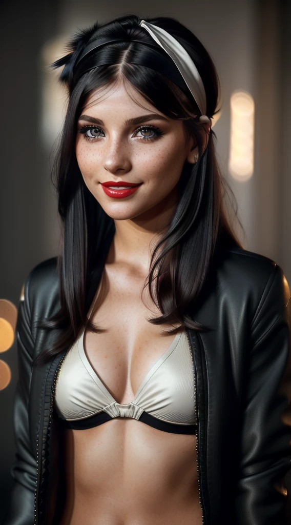 Photo of (sharp focus:1.2), attractive young woman, (beautiful face:1.1), detailed eyes, red lips, (eyeshadow:1.2), (winged eyeliner:1.2), (subtle smile:1.35), body freckles, (medium breasts:1.0), (toned body:1.2), (black hair:1.2), wearing (headband, open jacket:1.2) at (club:1.2). (dreamy lighting:1.2), depth of field, bokeh, 4K, HDR. by (James C. Christensen:1.2|Jeremy Lipking:1.1).