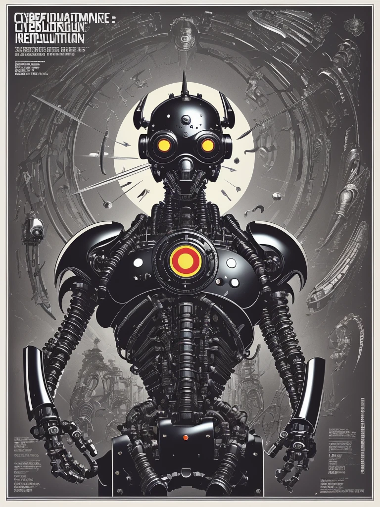 Cybernetic Revolutionaries, european male, magazine cover, poster art , Lovecraftian horror robot, bold huge text, matted design layout, strong, bold inking techniques, Metallic Silver and Gunmetal Gray: These colors are often used to represent the metallic components of cyborgs, giving them a sleek and futuristic appearance.